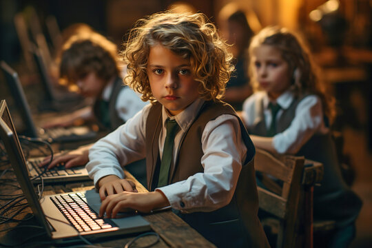 Young students sitting at a table with a laptops. Learning coding and programming.