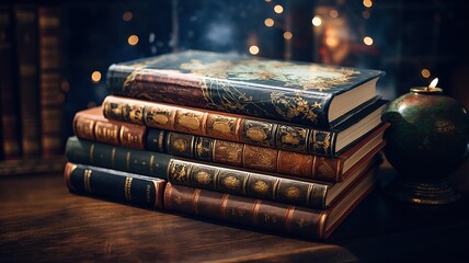 close up horizontal view of antique books on a wooden table AI generated