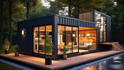 horizontal view of a tiny modern home in a shipping container AI generated - obrazy, fototapety, plakaty