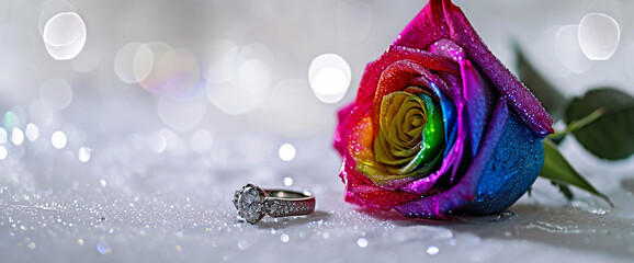 Rainbow roses with engagement ring on silver glitter with bokeh light background for LGBT love