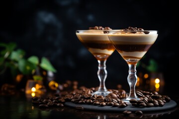 Espresso Martini Cocktails with Coffee Beans on Dark Background, Copy Space Available - obrazy, fototapety, plakaty
