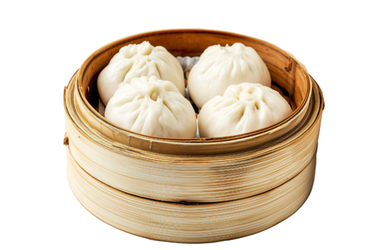 A cage of steamed buns, with steamed buns in the cage, high-resolution realistic commercial photography, white background PNG
