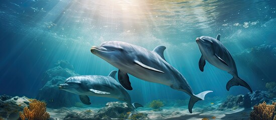 Obraz premium Dolphins frolicking in sunlight underwater.