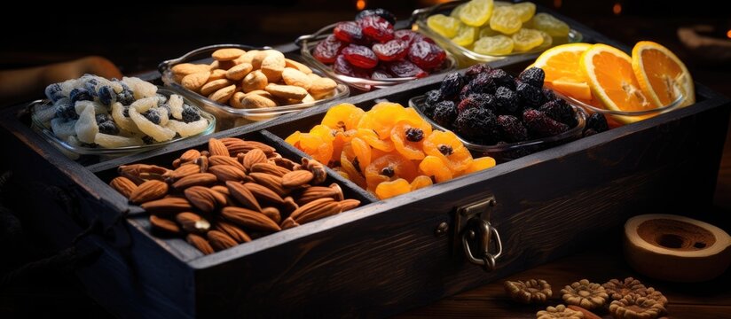Dark beams. Hellish pictures. Radiating dry fruit box. Close-up photography blurred.