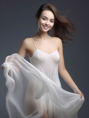the 3D hyper-realistic world of fashion as a model strikes a pose over a gray background, adorned in a long silk gown with chiffon fabric. Generative AI.