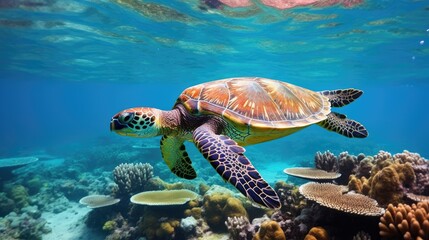 Obraz premium A majestic sea turtle gliding through crystal-clear ocean waters