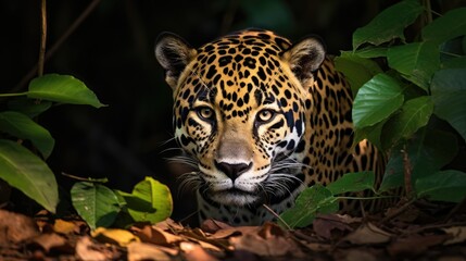 A prowling jaguar in a South American rainforest