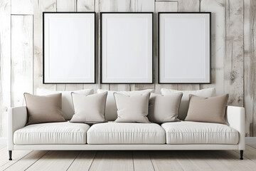 Three Frame mockup, Living room wall poster mockup. Interior mockup with house background. Modern interior design.