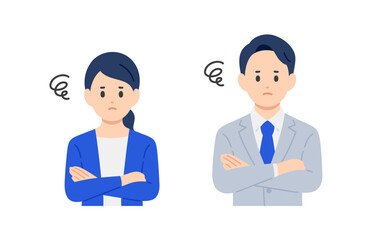 Fototapeta premium 腕を組んで悩むポーズをするビジネスパーソン男女のセット【人物ベクターイラスト素材】
