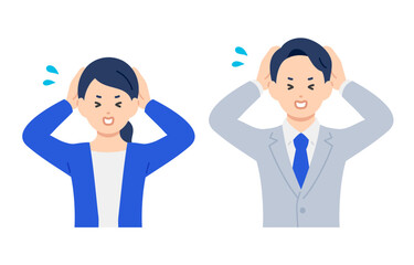 頭を抱えて困るポーズをするビジネスパーソン男女のセット【人物ベクターイラスト素材】