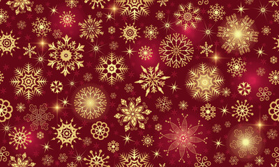Obraz na płótnie Canvas Vector hand drawn seamless winter pattern with glitter golden snowflakes and stars on dark red background