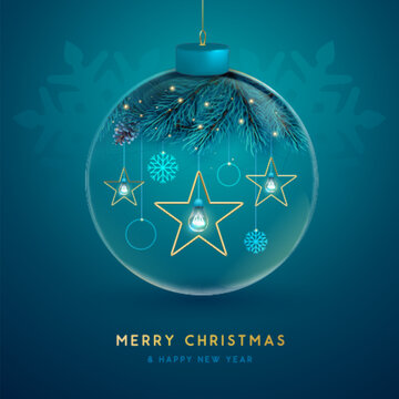 Christmas glass ball with Christmas tree branch, pine cone and glowing star lamps. Christmas greting card. Vector illustration