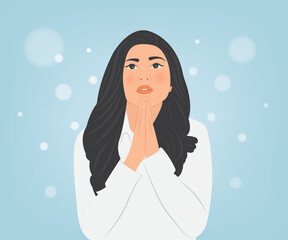 A beautiful young woman clasps her hands in prayer and prays that her life will be happy and smooth in all respects, rich in wealth. Vector illustration.