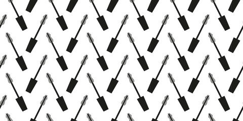 Seamless  pattern of mascara on white background. Black mascara brush. Vector brush mascara seamless pattern. Make-up product background design, repeating print with black brush mascara