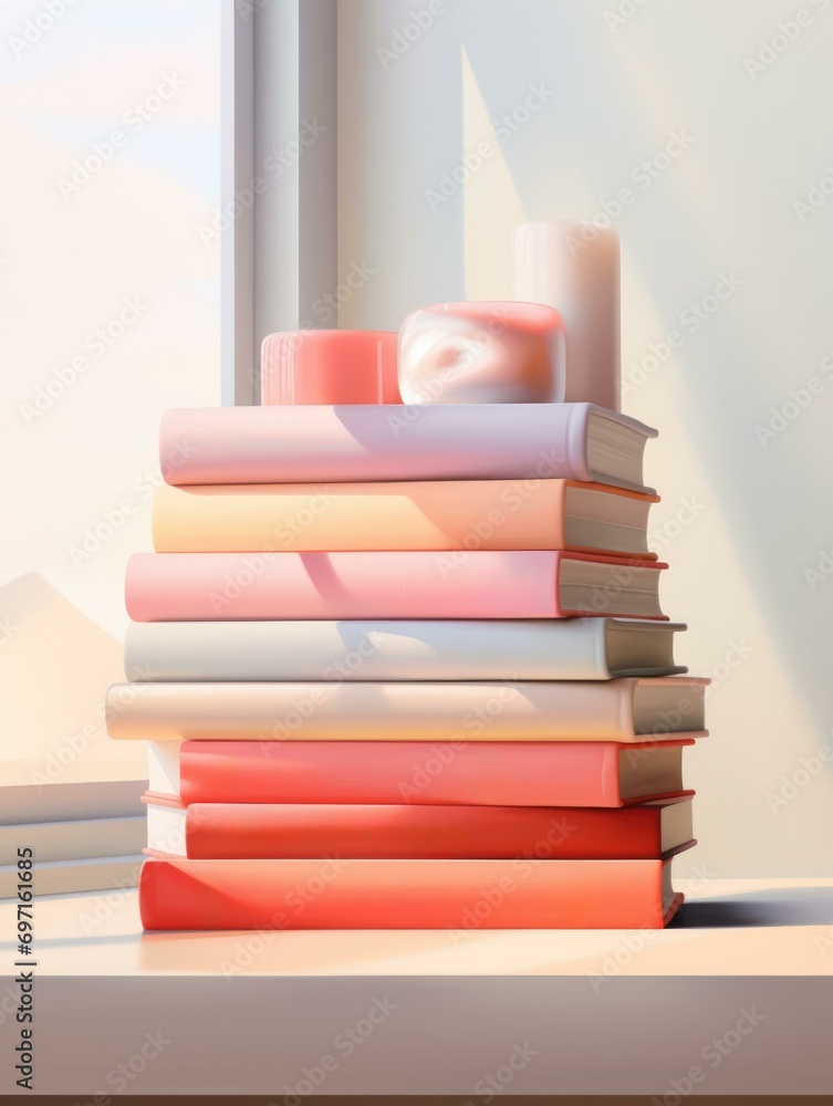 Poster stack of books on a windowsill with a candle in the background. generative ai.