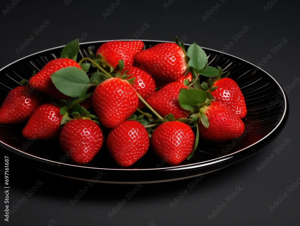 Poster A black plate with strawberries on it. Generative AI.