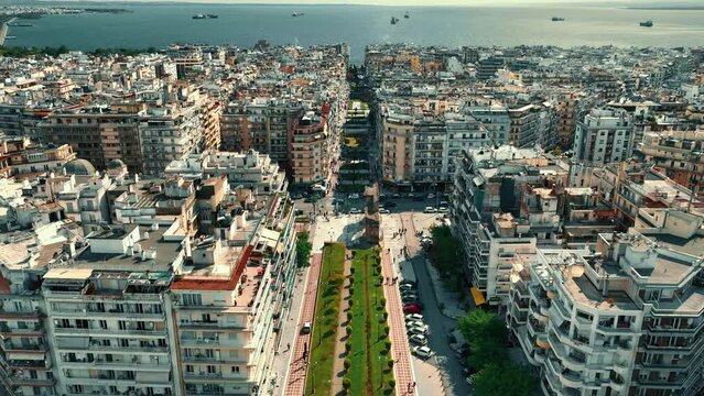 Establishing Aerial View of Thessaloniki, waterfront, Greece, sunny day