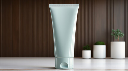 White facewash tube in bathroom room interior mock-up, beauty and care product packaging template
