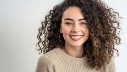 Radiant Smile: Portrait of a Woman with Curly Hair on White Background. Generative AI
