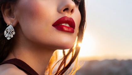 Close shot of portrait of a woman with red color lipsticks. Generative AI