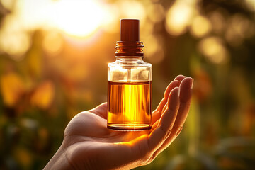 glass cosmetic dropper bottle with lid on a natural blurred background bottle in women hand