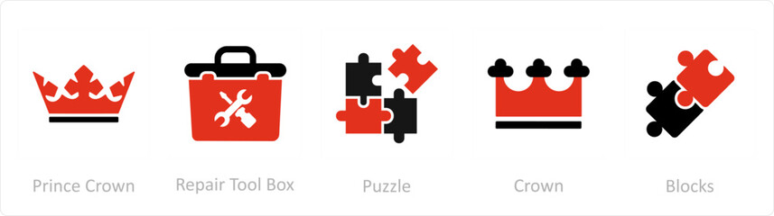 A set of 5 Mix icons as prince crown, repair tool box, puzzle