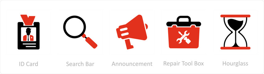 A set of 5 Mix icons as id card, search bar, announcement