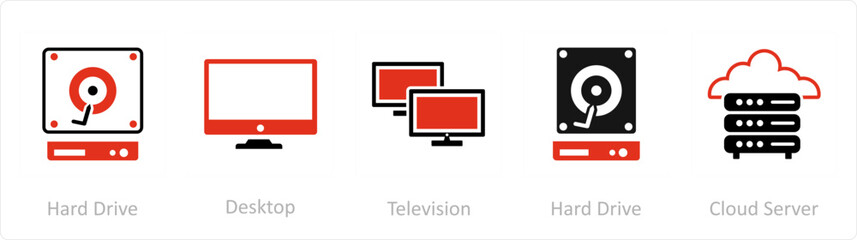 A set of 5 Mix icons as hard drive, desktop, television