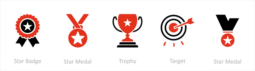 A set of 5 Mix icons as star badge, star medal, trophy
