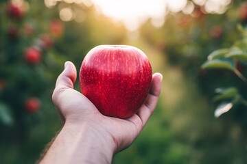 Farmer's hand holding fresh red apple with trees in blurry background