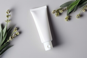Beauty cosmetics products concept tube container cream tube, jar and serum on background, top view, flat lay,
