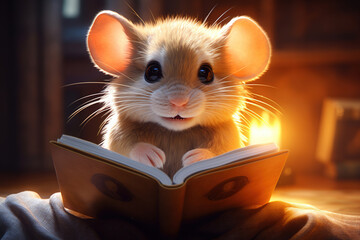 cute cartoon rat  reading a book