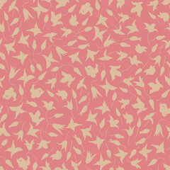 Pink seamless pattern with beige or gold floral silhouettes. Simple scattered repeat pattern.