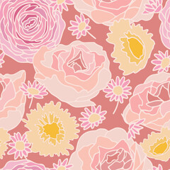 Pink roses and daisies on dust rose background, large scale seamless pattern. Soft lines and shapes.