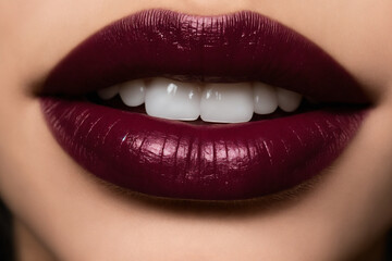 Fototapeta premium Close-up of beautiful lips with bordeaux lipstick