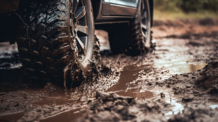 Fototapeta na wymiar Close up view of car tires conquering the muddy