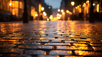 Close up view of wet cobblestone streets sparkling - obrazy, fototapety, plakaty