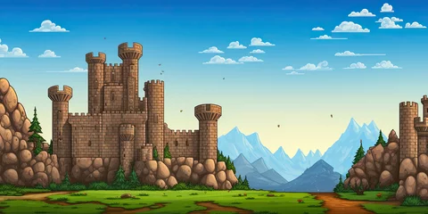 Fotobehang Castle background video game style illustration castles towers 8-bit, vintage computer graphics, generated ai © dan