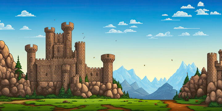 Castle background video game style illustration castles towers 8-bit, vintage computer graphics, generated ai