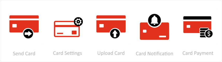 A set of 5 Business icons as send card, card settings, upload card