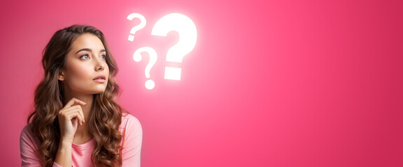 Young woman thinking with question mark lights in a wide pink background with copy space for your text.