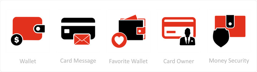 A set of 5 Business icons as wallet, card message, favorite wallet - obrazy, fototapety, plakaty