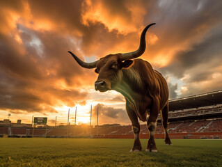 Large Longhorn Bull Stands in College Football Stadium at Sunset