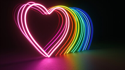 heart shape of neon light line in vibrant rainbow color glowing on dark background