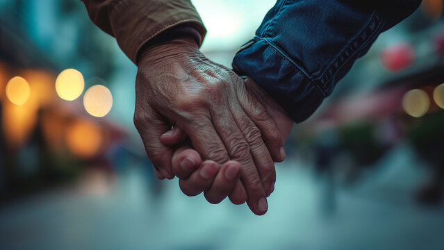 close up of a senior couple holding hands together