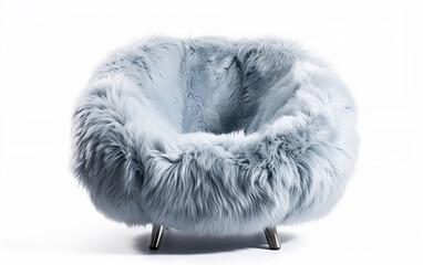 Blue furry low armchair isolated on white. Soft blue chair. Blue furry armchair with legs on white background 