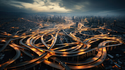 Aerial view of an intricate freeway intersection vehicles - obrazy, fototapety, plakaty