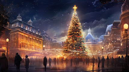 Obraz premium christmas tree in a town scene with many people