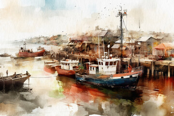 Harbor, retro harbor with boats and pier, seascape painted with watercolors on textured paper. Digital Watercolor Painting - obrazy, fototapety, plakaty