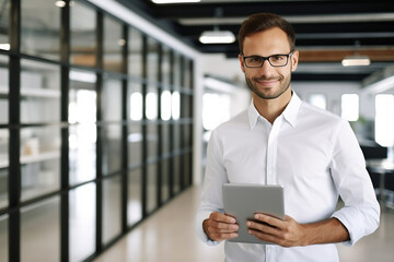 Fototapeta na wymiar modern business man in formalwear using digital tablet while standing near window in the office.